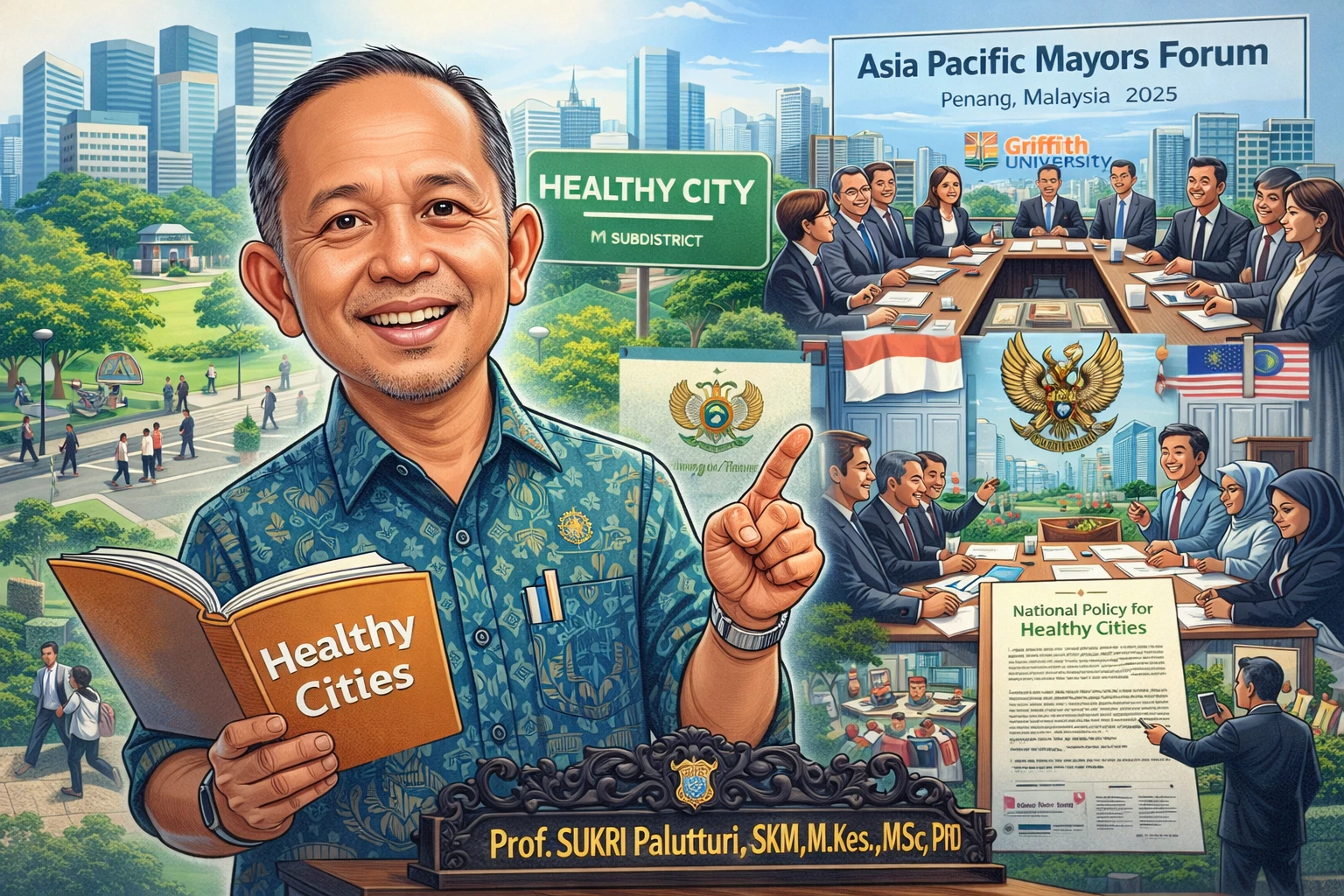 Karikatur Prof. Sukri Palutturi menggambarkan transformasi peran dari akademisi menjadi advokat kebijakan Healthy Cities, yang menjembatani riset, forum internasional Asia-Pasifik, dan perumusan regulasi nasional demi terwujudnya tata kelola kota yang sehat, inklusif, dan berkelanjutan di Indonesia. (Karikatur dibuat oleh AI: Chat GPT).